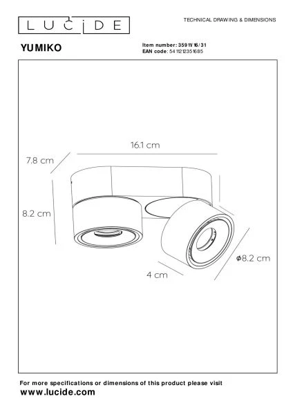 Lucide YUMIKO - Spot plafond - Ø 7,8 cm - LED Dim. - 2x10W 2700K - Blanc - technique